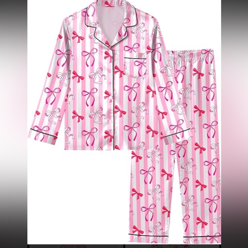 New Girls Pink Bow-Print Long Sleeve Pajama Set